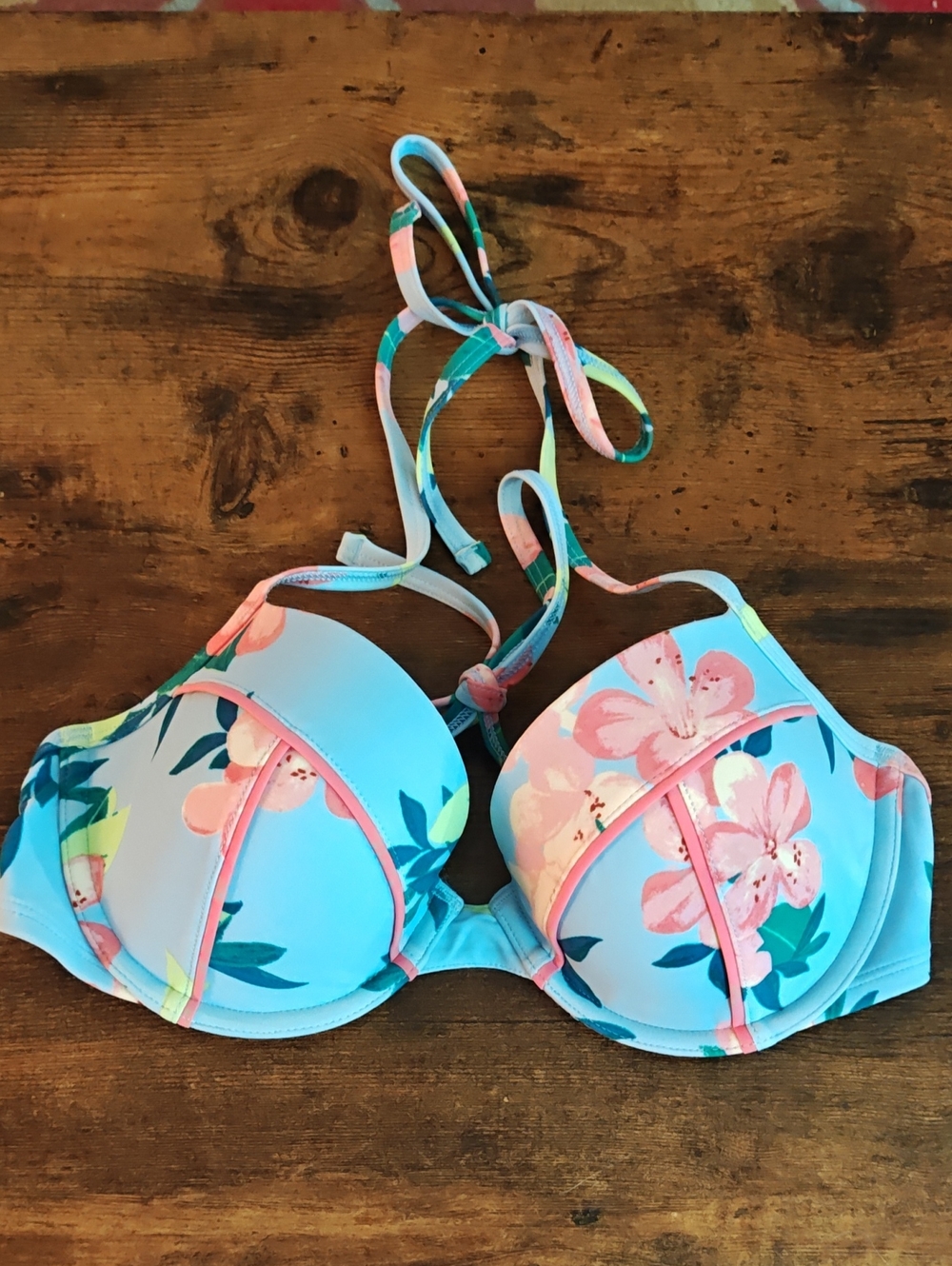 aerie Light Blue Floral Padded Bikini Top with Green Trim